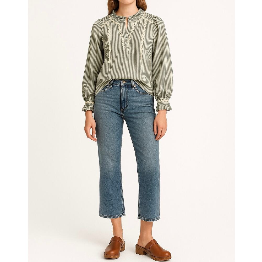 SAM EDELMAN Striped Ruffle Blouse | M | Blue White Cotton | Boho Cottagecore